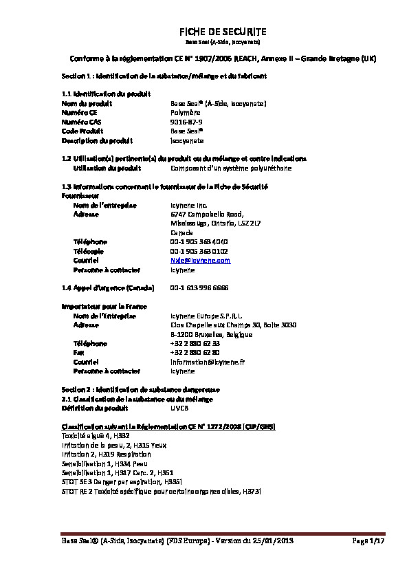 Fiche de sécurité Icynene Europe